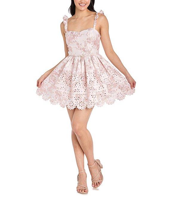 Morgan & Co. Floral Printed Metallic Brocade Ruffle Strap Scallop Hem Dress Product Image