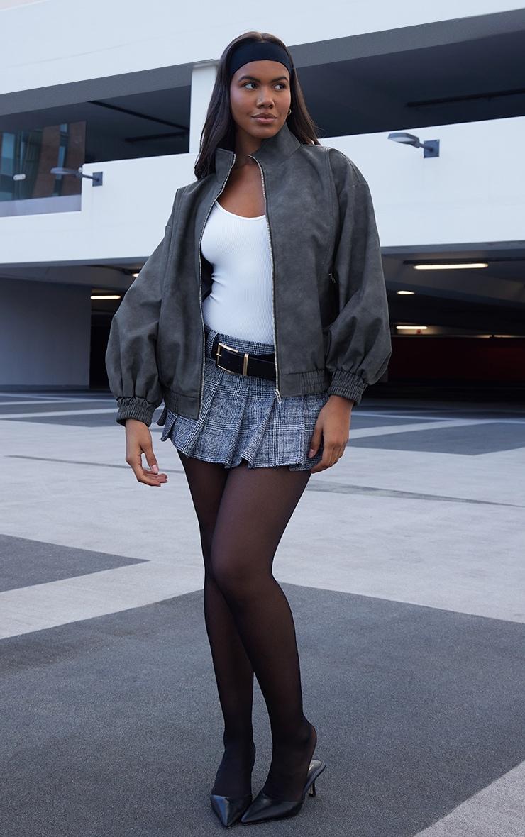 Charcoal Textured Faux Leather High Neck Bomer Jacket Product Image