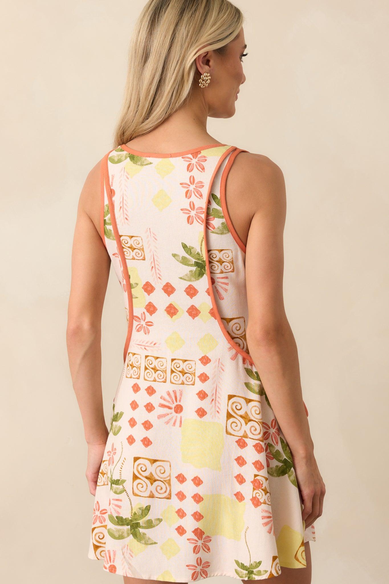Somewhere To Be Beige Tropical Print Linen Blend Mini Dress Product Image