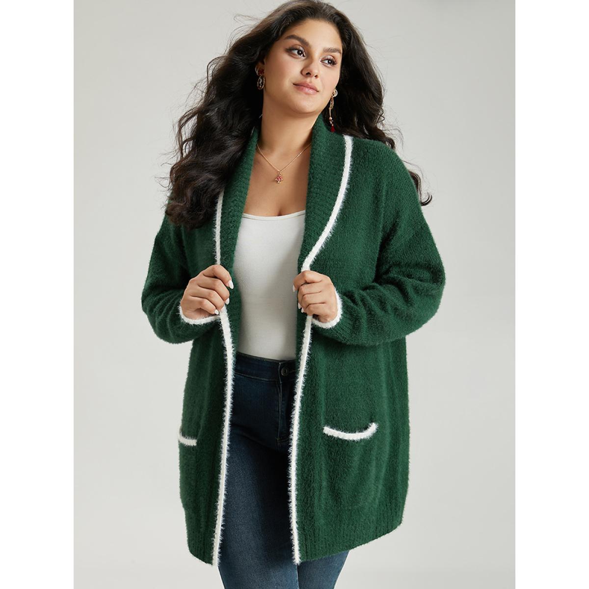 Plus Size Contrast Trim Fuzzy Patched Pocket Cardigan DarkGreen Women Casual Loose Long Sleeve Festival-Christmas Cardigans BloomChic 28/5X Product Image
