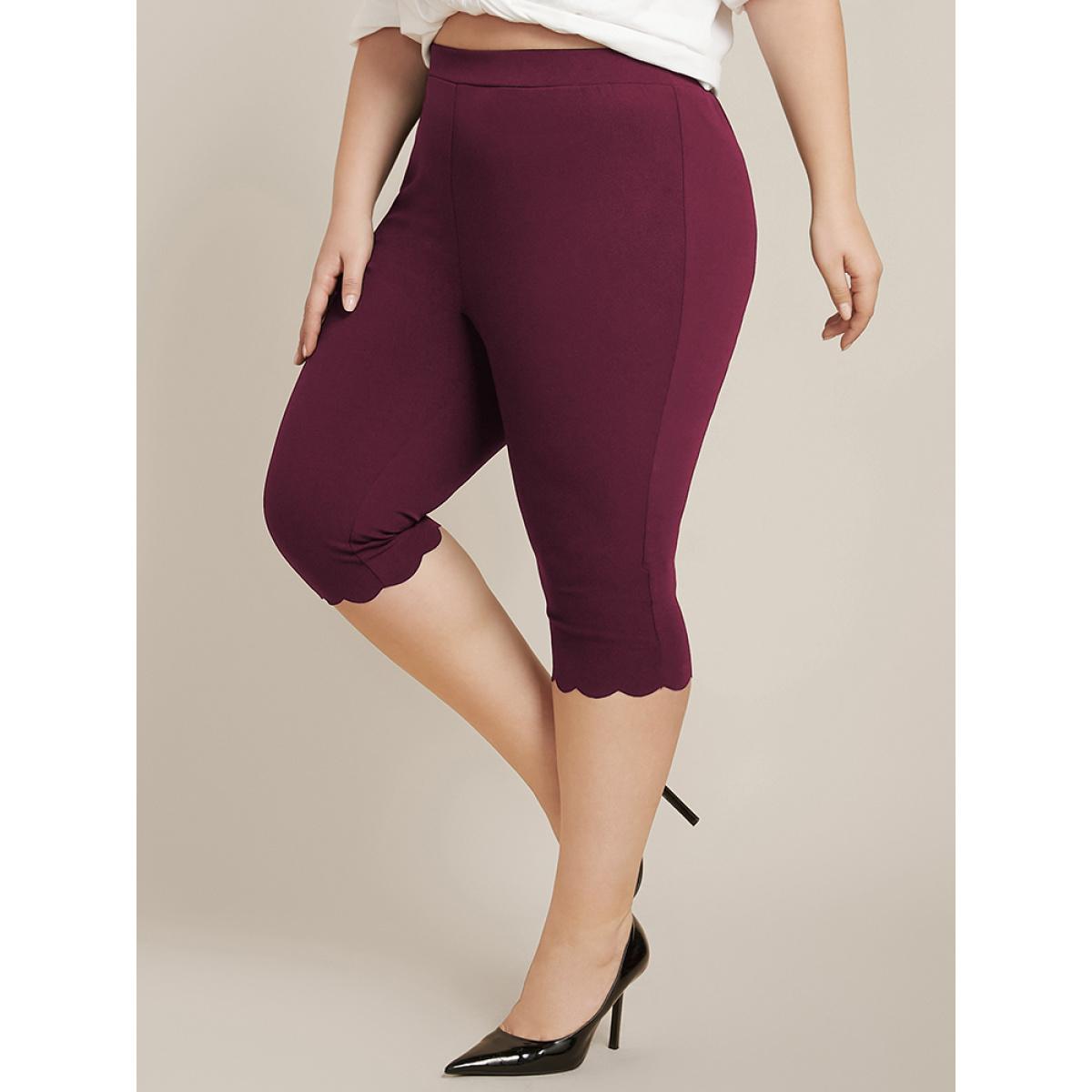 Plus Size Solid Scalloped Trim Elastic Waist Skinny Leggings Women Scarlet Elegant Low stretch Skinny High Rise Everyday Leggings BloomChic 30/6X Product Image