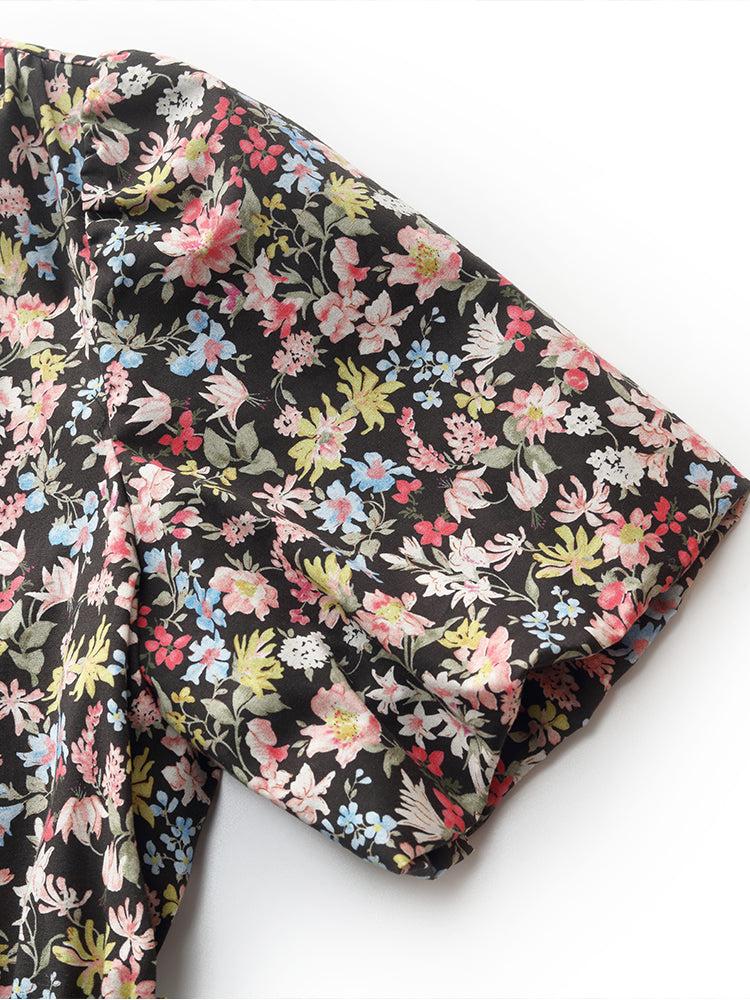 Cotton Puff Sleeve Drawstring Waist Floral Print Women Midi Dress Product Image