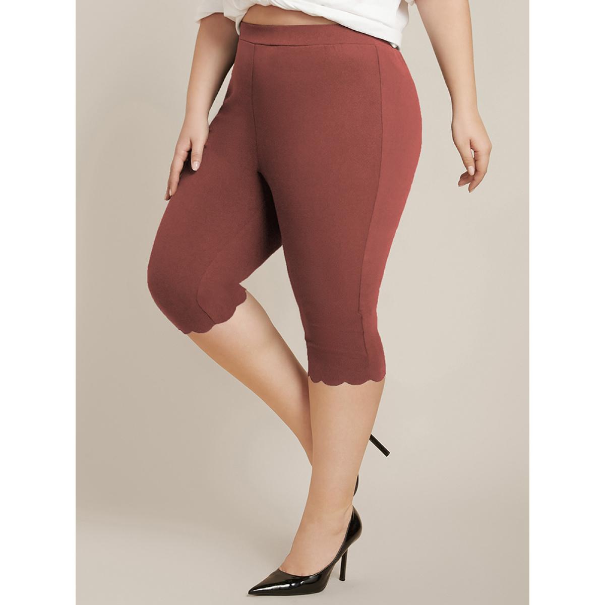 Plus Size Solid Scalloped Trim Elastic Waist Skinny Leggings Women Rust Elegant Low stretch Skinny High Rise Everyday Leggings BloomChic 18-20/2X Product Image