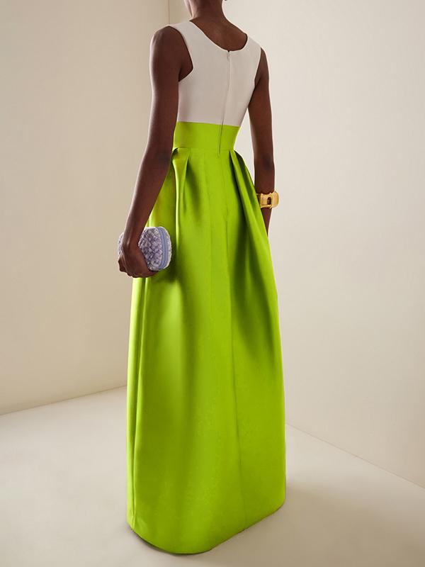 A-Line High Waisted Contrast Color Pleated Zipper Deep V-Neck Maxi Dresses Product Image