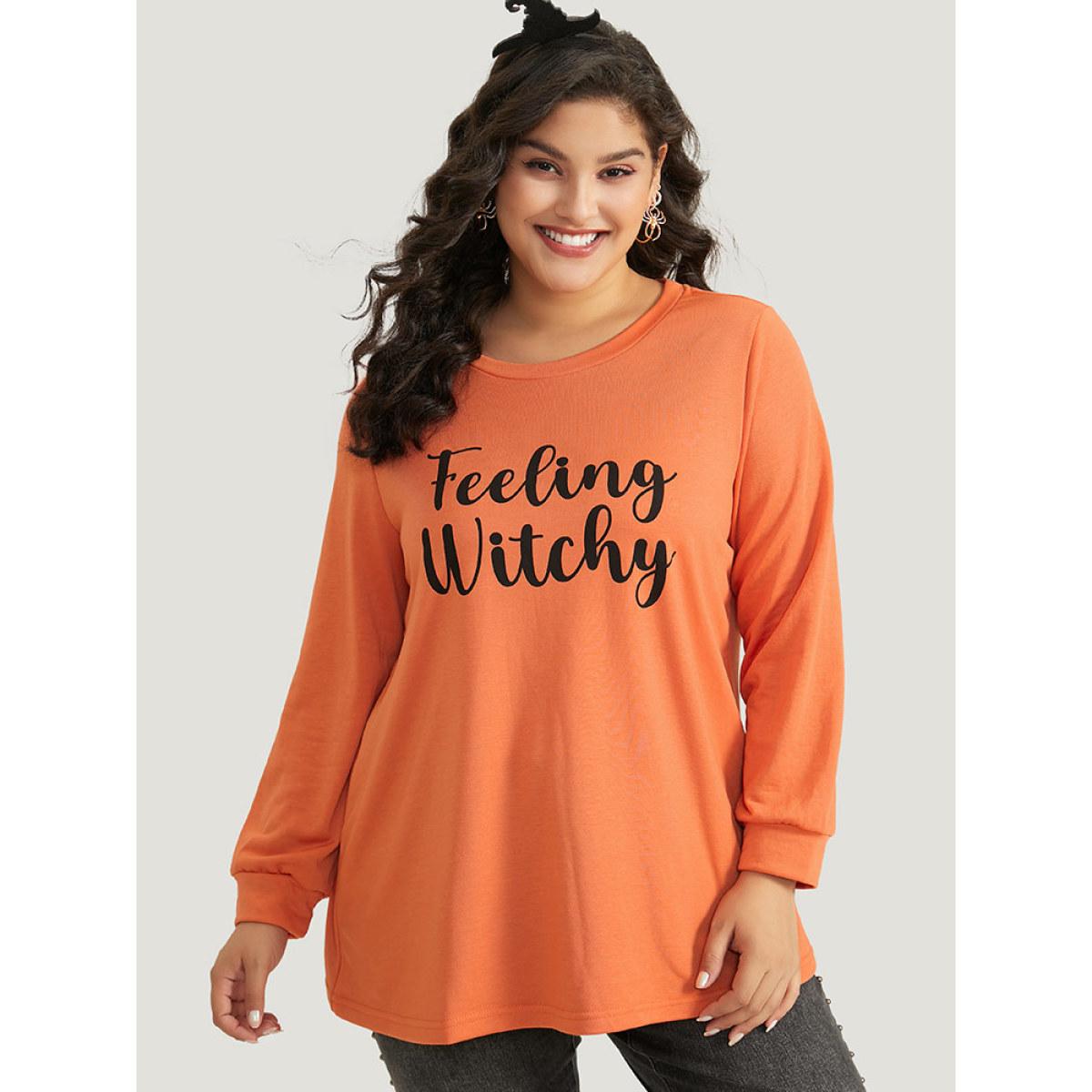 Plus Size Halloween Letter Print Round Neck Sweatshirt Women OrangeRed Casual Elastic cuffs Festival-Halloween Sweatshirts BloomChic 10/M Product Image