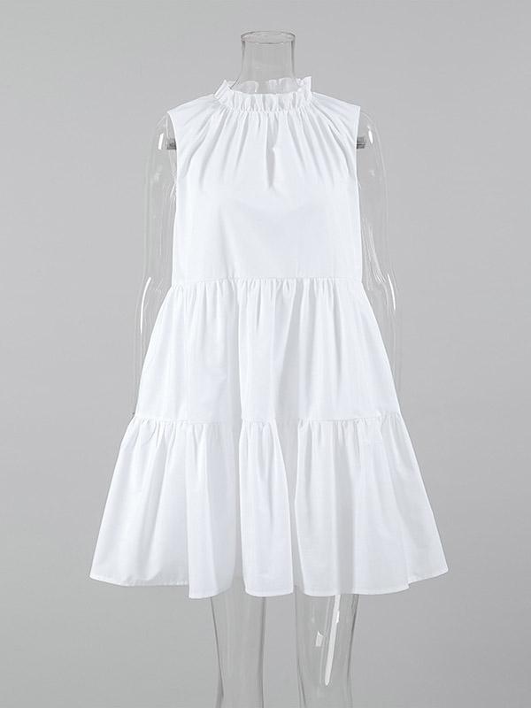A-Line Loose Pleated Ruffled Solid Color Split-Joint Round-Neck Mini Dresses Shirt Dress Product Image