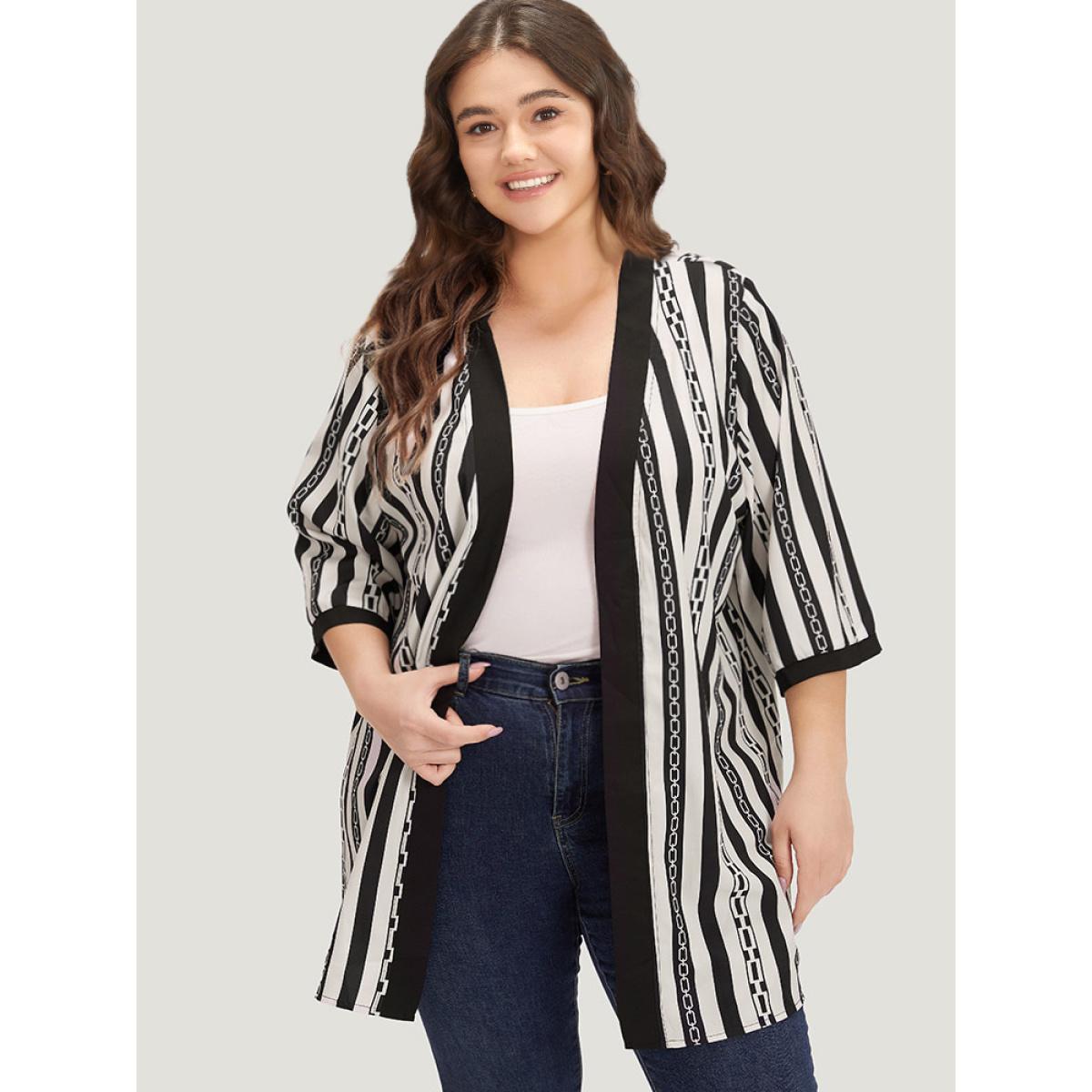 Plus Size Striped Patchwork Contrast Open Front Kimono Women Black Casual Contrast Loose Dailywear Kimonos BloomChic 26/4X Product Image