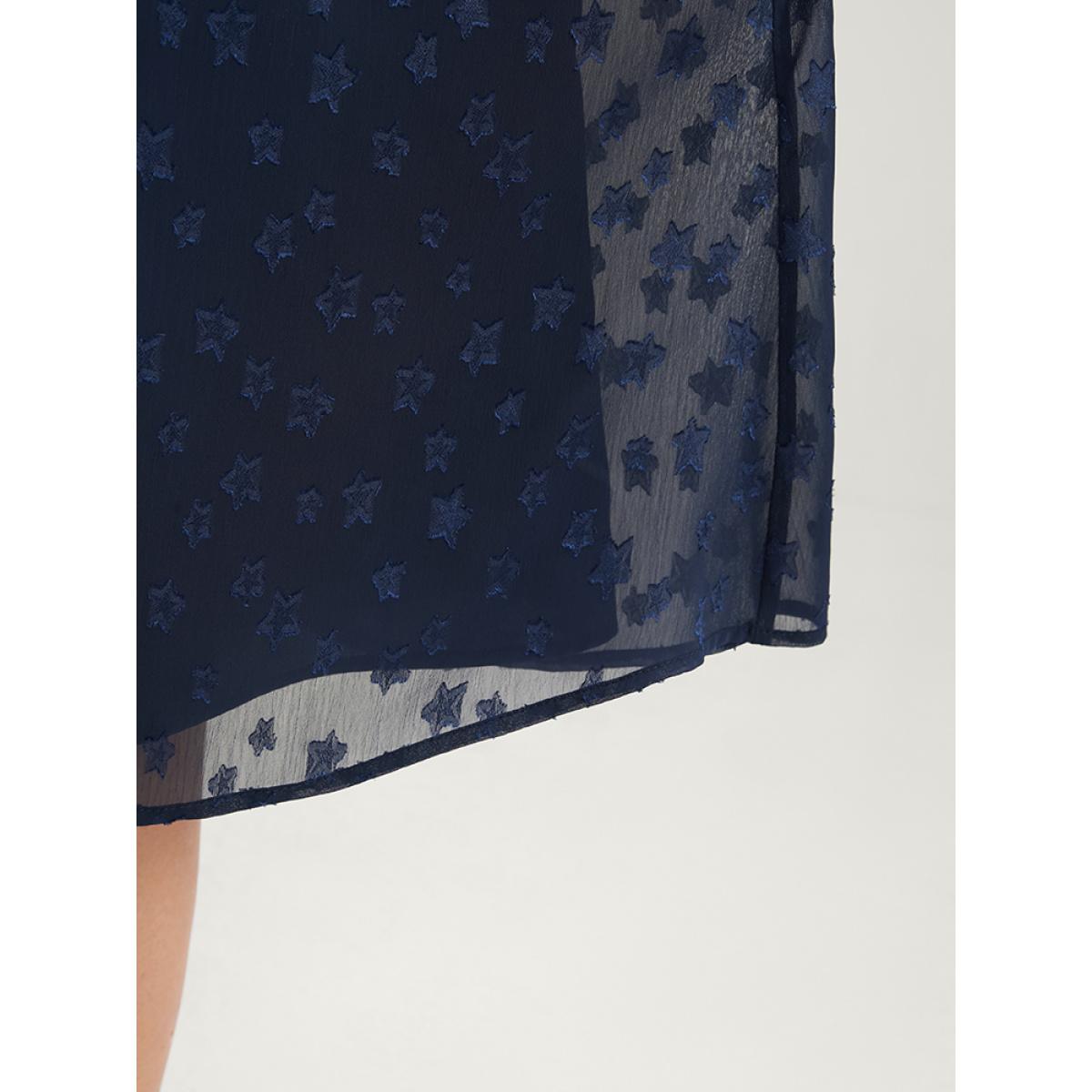 Plus Size Star Print Pocket Lantern Sleeve Shirred Chiffon Dress Navy Women Glamour Elastic Waist V-neck Long Sleeve Curvy Knee Dress BloomChic 30/6X Product Image