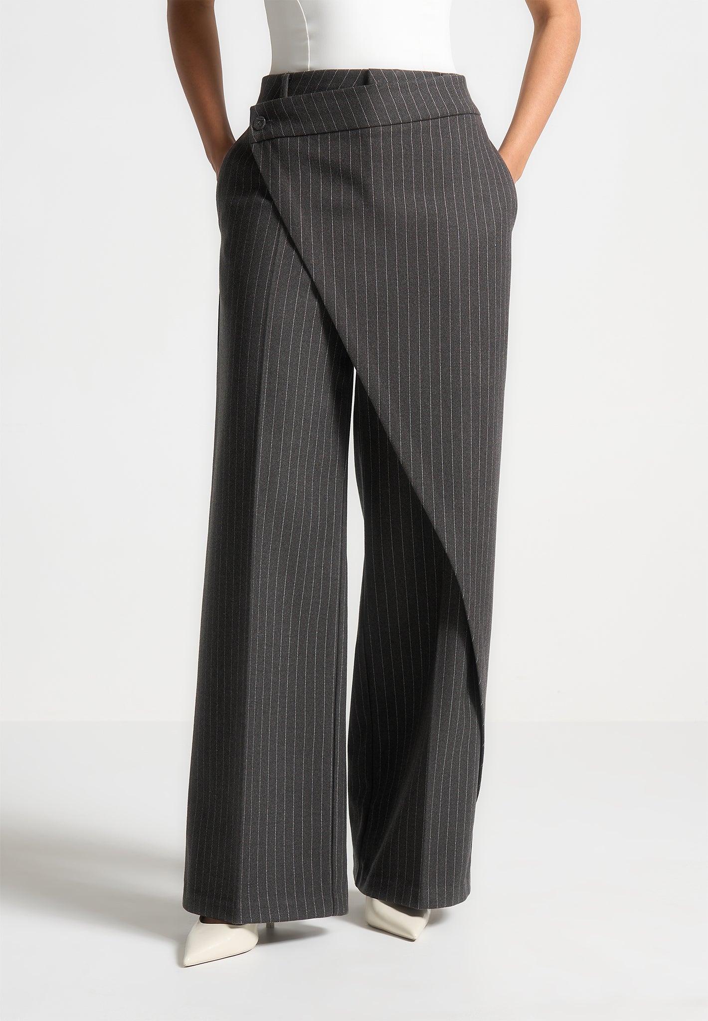 Colette - Wool Pinstripe Wrap Tailored Trousers - Grey Female Product Image