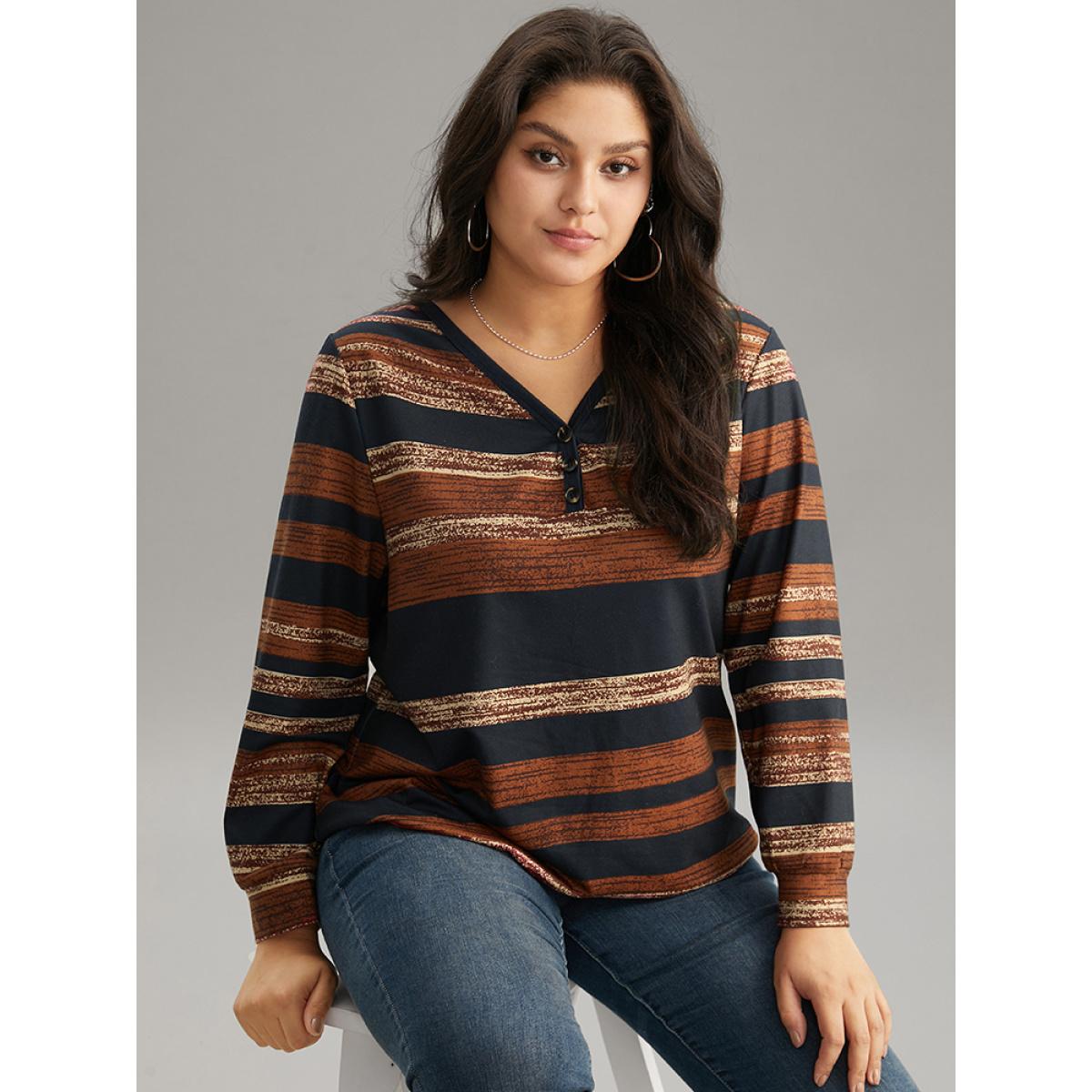 Plus Size Colour Striped Button Up Sweatshirt Women Multicolor Elegant Contrast V-neck Dailywear Sweatshirts BloomChic 30/6X Product Image