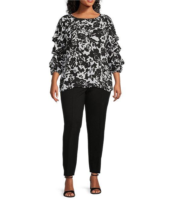 Slim Factor By Investments Plus Size Ink Stroke Print Kara Boat Neck 3/4 Tiered Sleeve Top Product Image