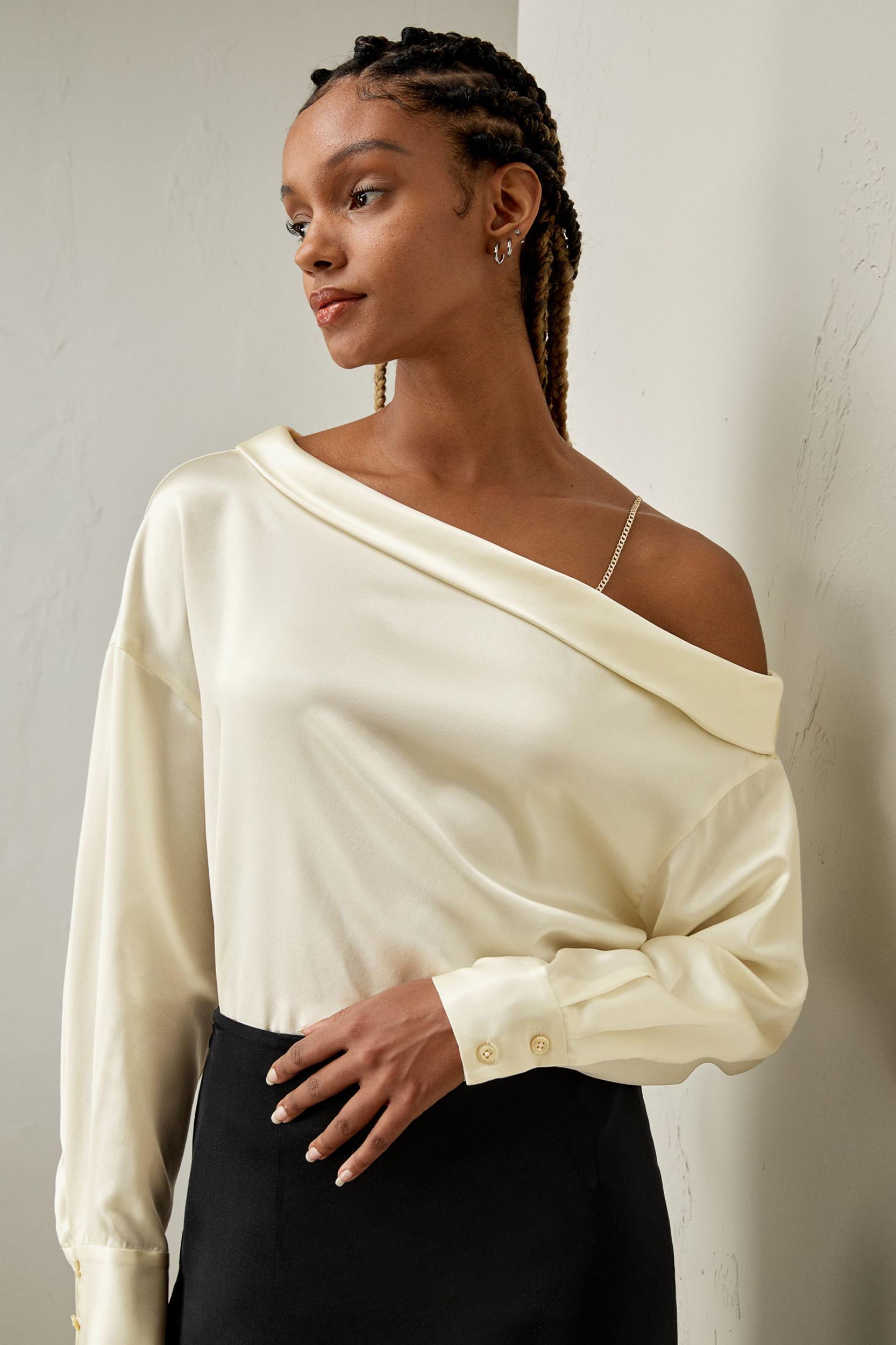 LILYSILK Women's Chic Silk Charmeuse One-Shoulder Party Top with Chain Lily White L Product Image
