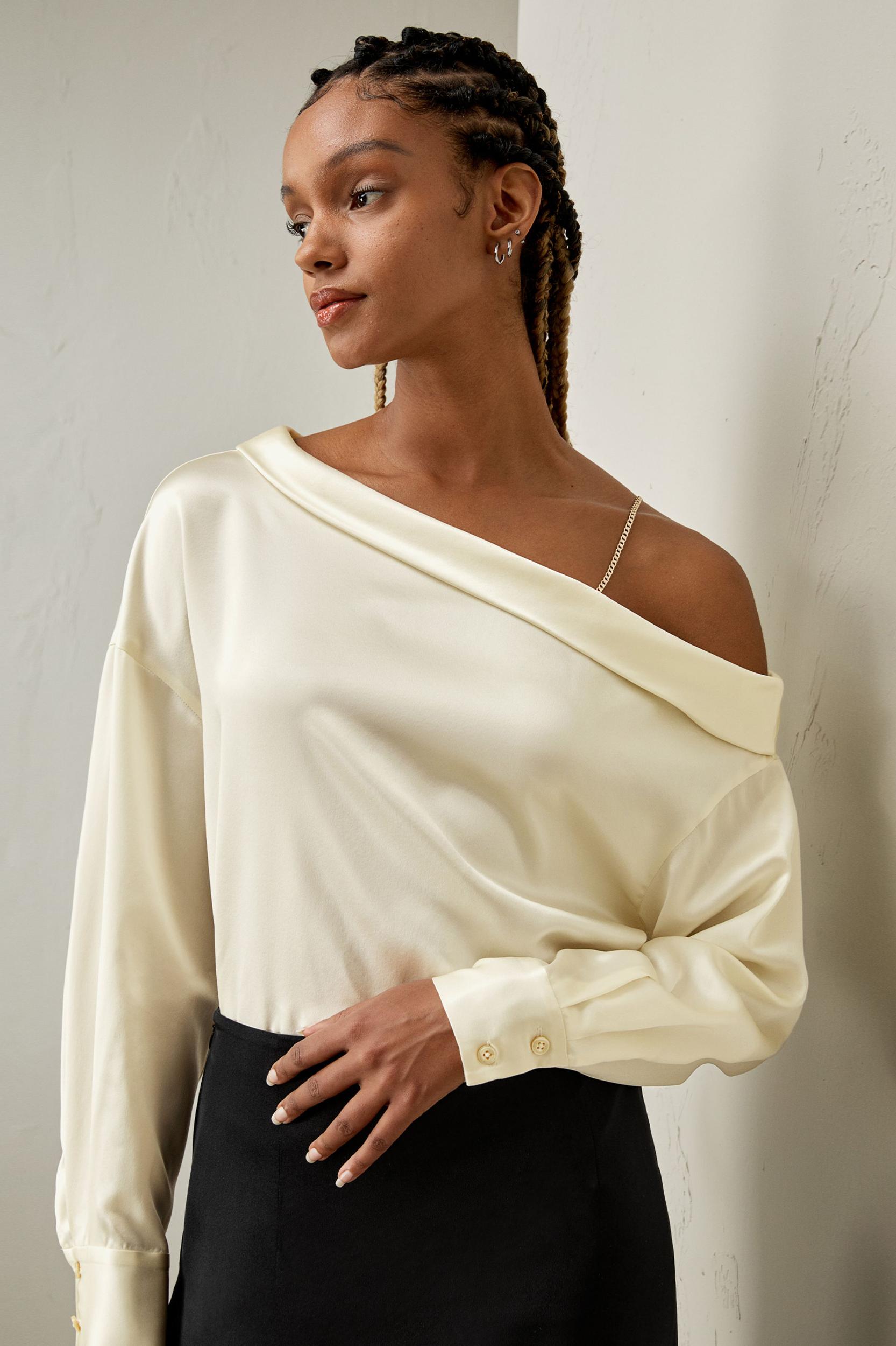 LILYSILK Women's Chic Silk Charmeuse One-Shoulder Party Top with Chain Lily White L Product Image