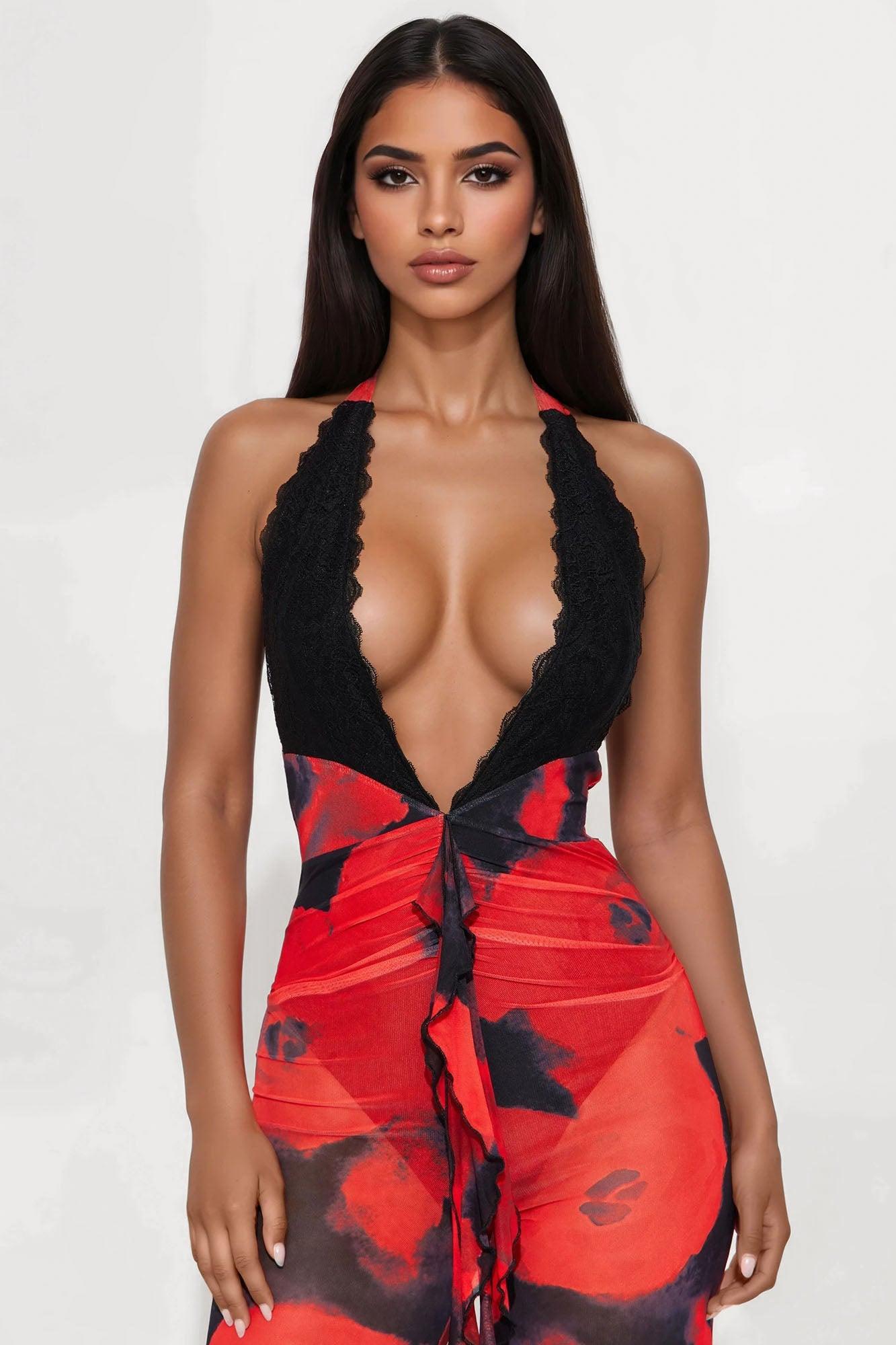 Rosemary Halter Mesh Jumpsuit - Red/Black Female Product Image