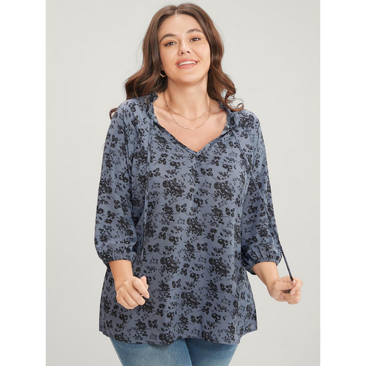 Plus Size Stone Floral Print Lantern Sleeve Tie V Neck Blouse Women Elegant Elbow-length sleeve V-neck Dailywear Blouses BloomChic 28/5X Product Image