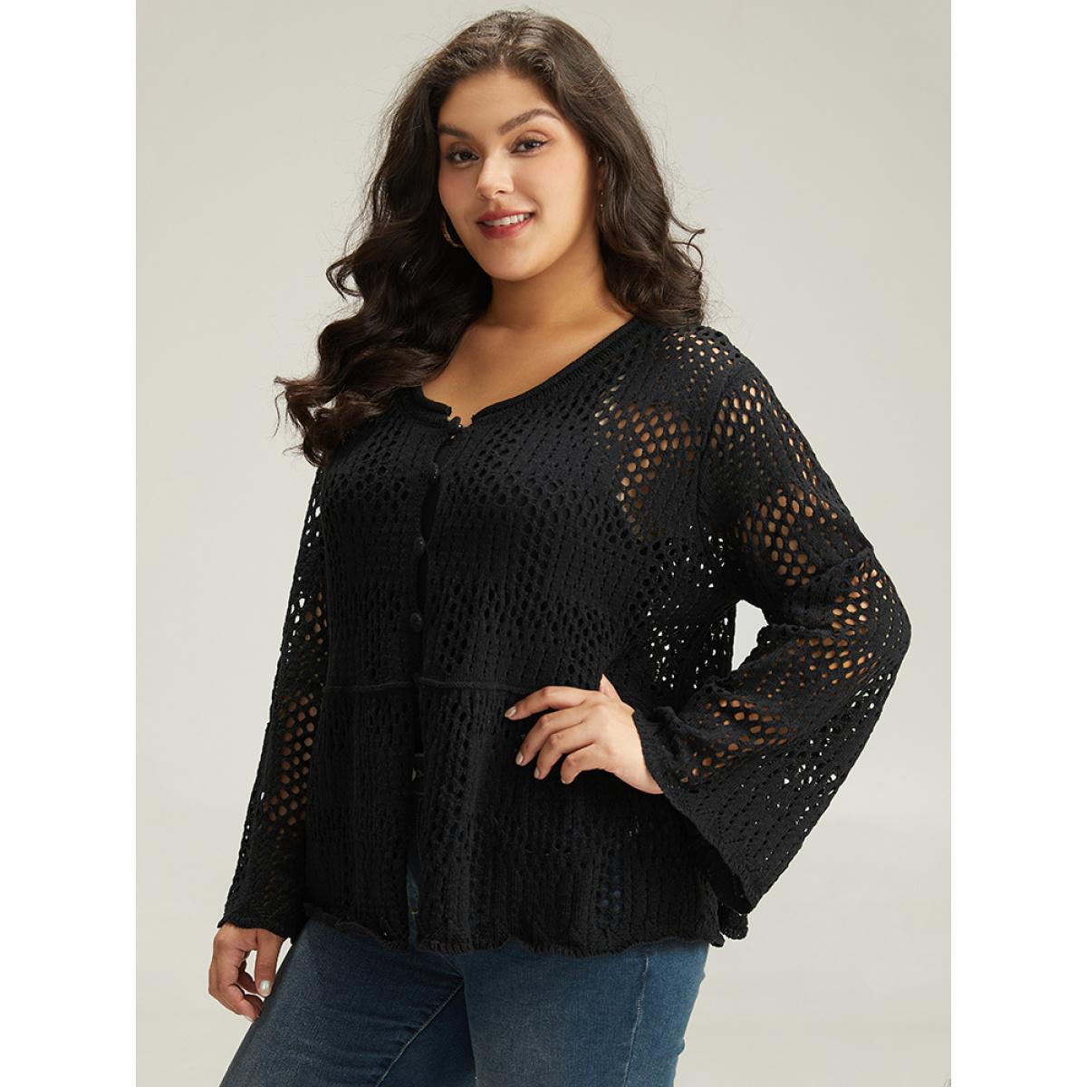 Plus Size Plain Hollow Out Button Through Bell Sleeve Cardigan Black Women Casual Loose Long Sleeve Everyday Cardigans BloomChic 26/4X Product Image