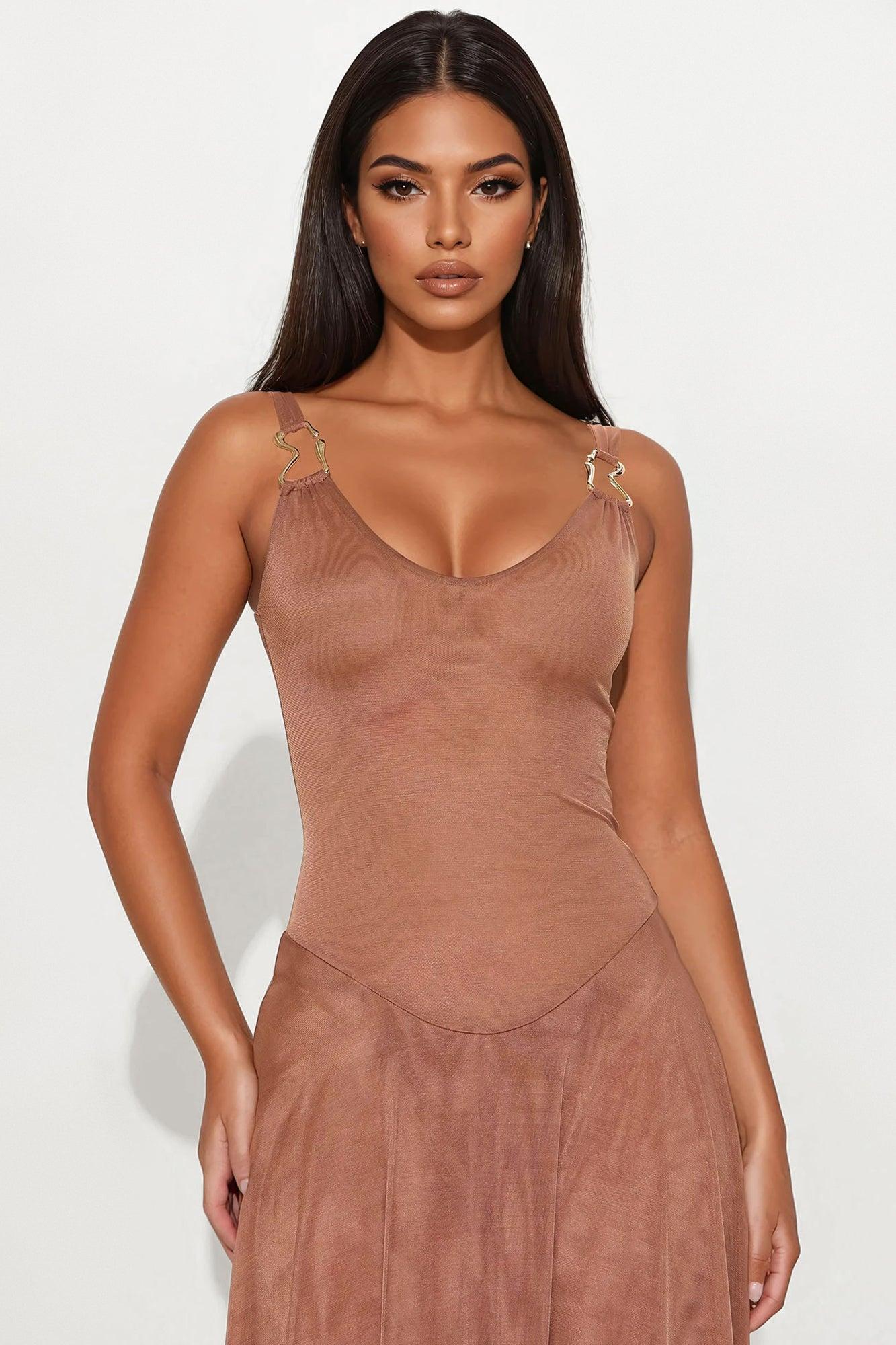 Bungalow Sheer Mesh Maxi Dress - Cognac Product Image