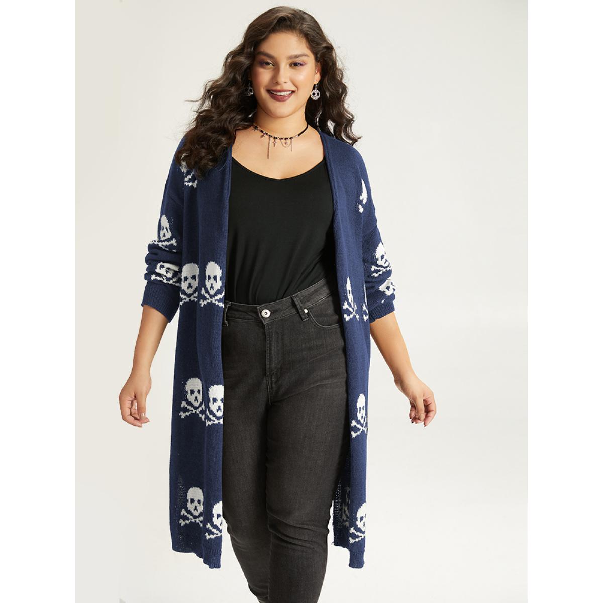 Plus Size Halloween Skull Print Split Side Drop Shoulder Maxi Cardigan Indigo Women Casual Loose Long Sleeve Festival-Halloween Cardigans BloomChic 22-24/3X Product Image