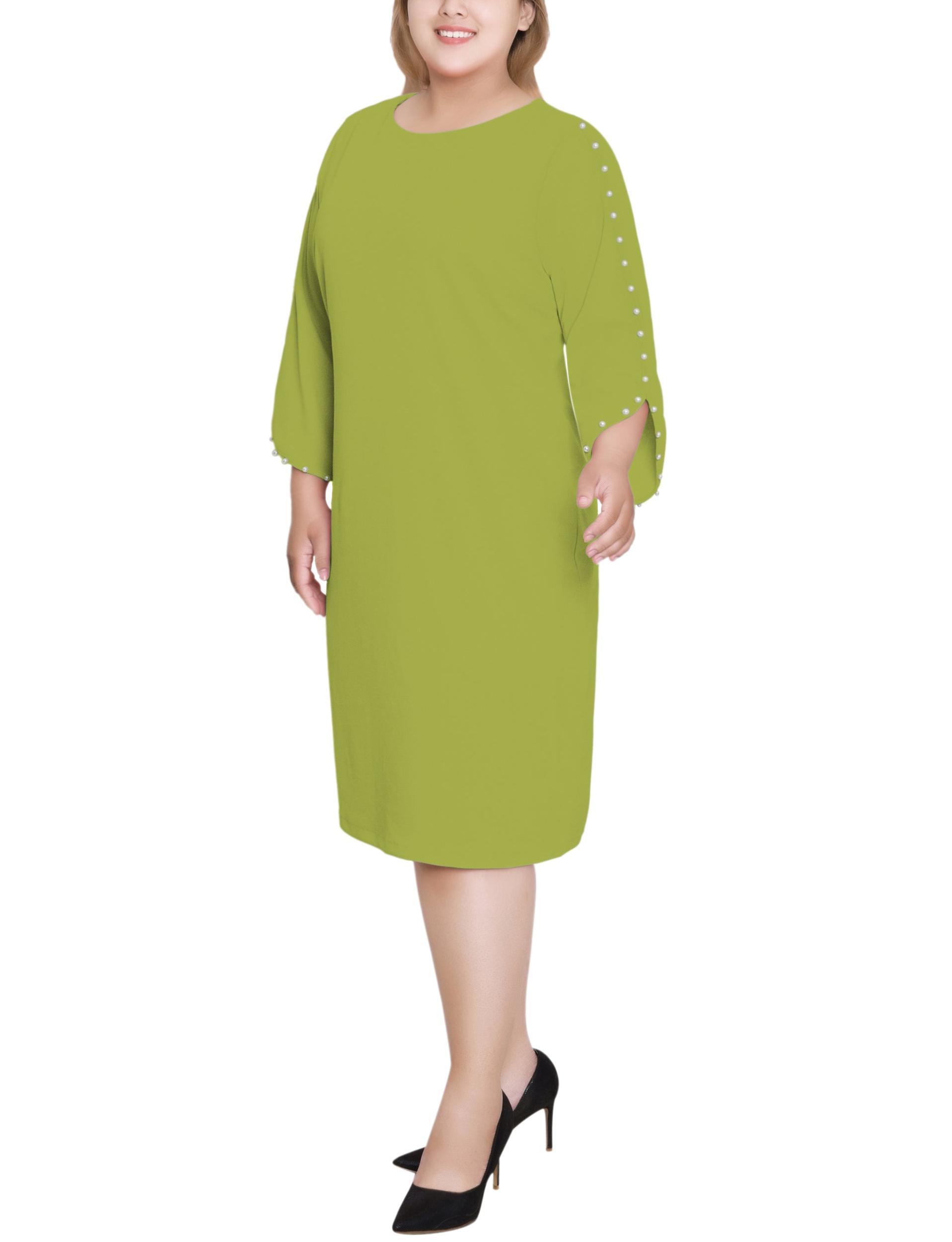 Green 3/4 Pearl-Detail Petal Sleeve Dress - Plus Product Image