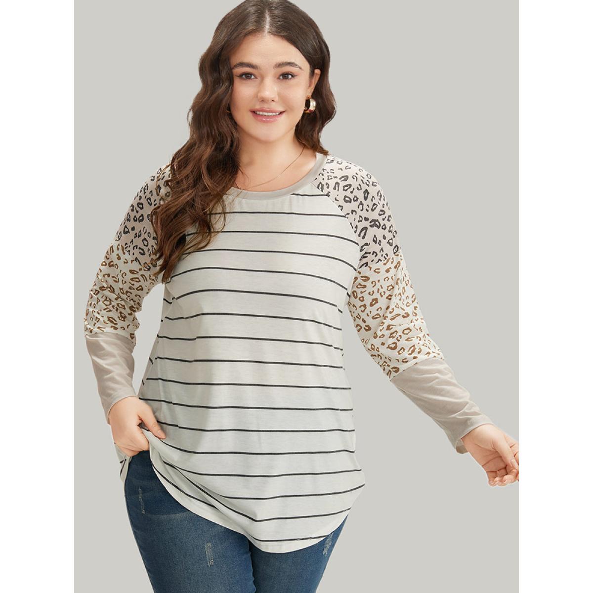Plus Size Leopard Striped Patchwork Raglan Sleeve T-shirt Multicolor Women Casual Patchwork Leopard Round Neck Dailywear T-shirts BloomChic 26/4X Product Image