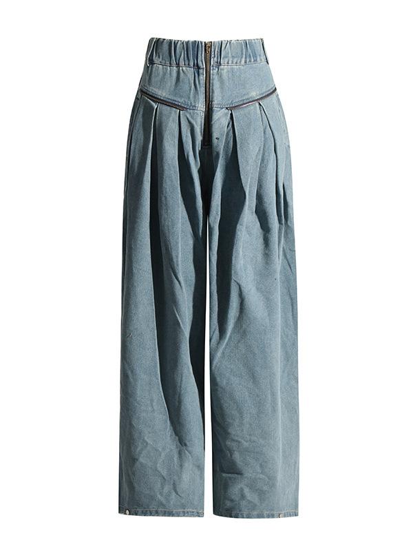 Loose Wide Leg Pleated Pockets Split-Joint Zipper Jean Pants Bottoms Product Image