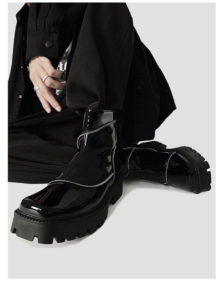 Platform Square Toe Plain Zipped Genuine Leather Short Boots Product Image