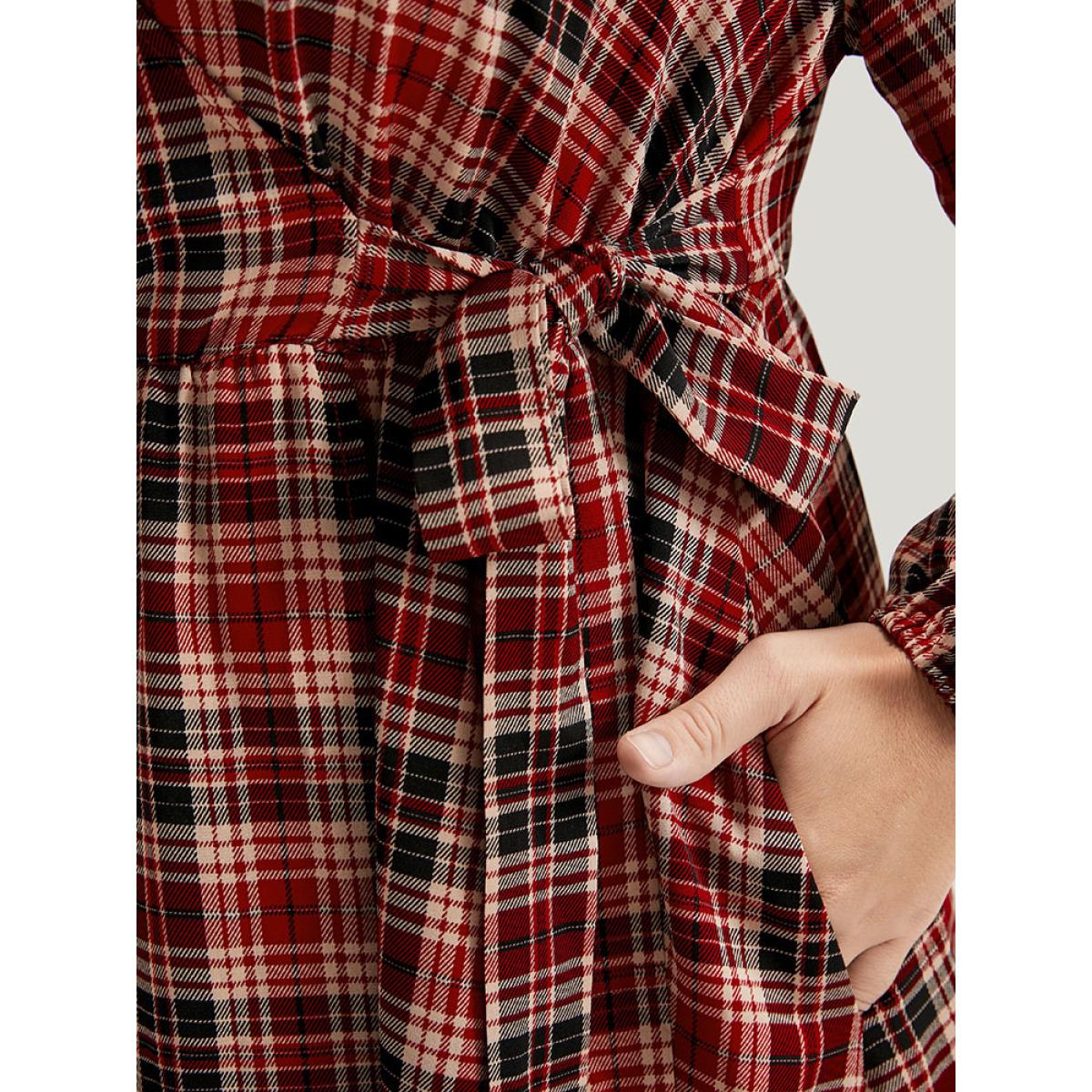 Plus Size Tartan Wrap Lantern Sleeve Pocket Knotted Split Dress Maroon Women Elegant Knotted V-neck Long Sleeve Curvy Midi Dress BloomChic 12/L Product Image