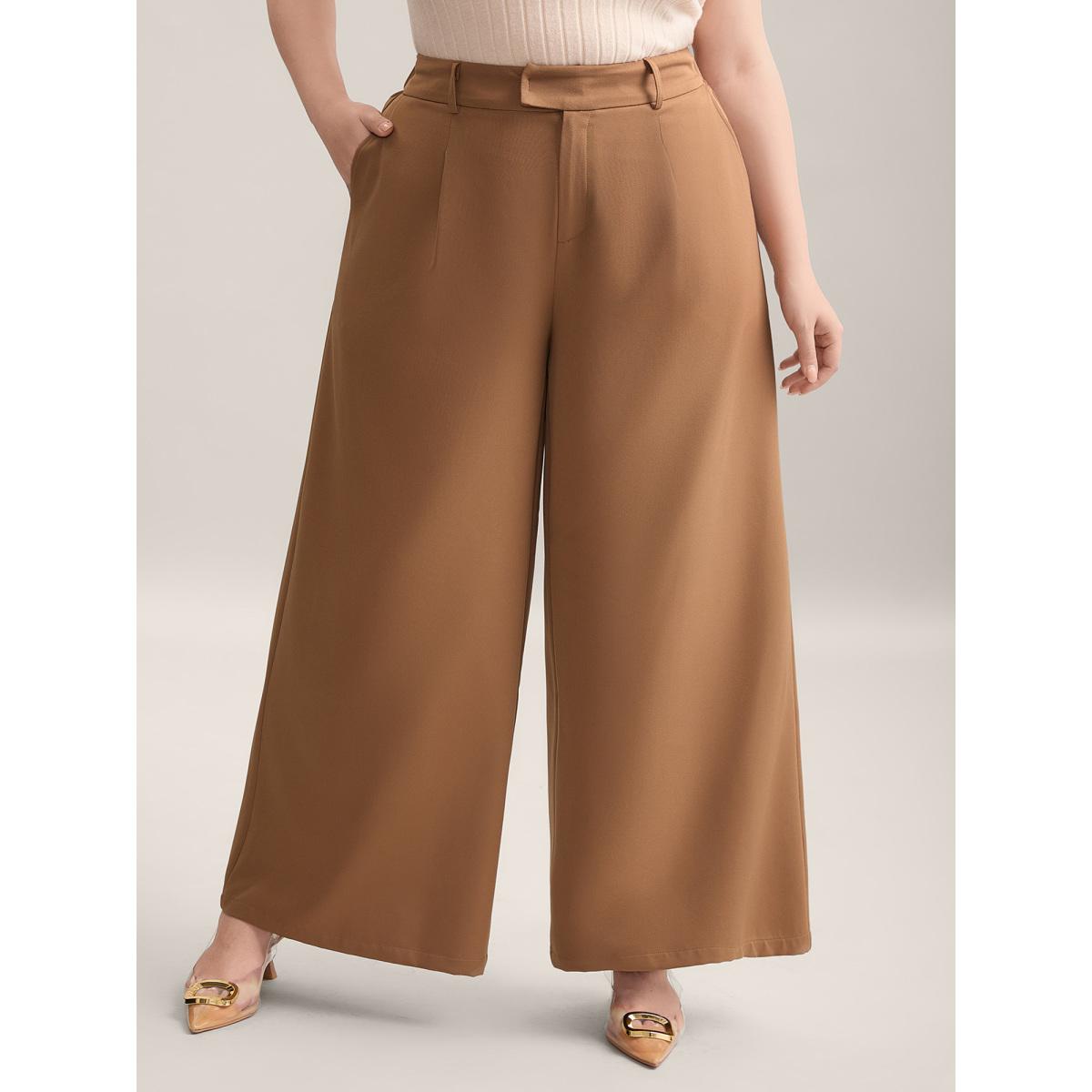 Plus Size Stretchy Waist Pleated Wide-Leg Pants Women Wheat At the Office Wide Leg Mid Rise Work Pants BloomChic 10/M Product Image