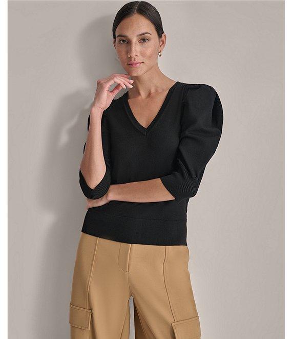 DKNY by Donna Karan Pleated Puffed Elbow Length Sleeve V-Neck Knit Top Product Image