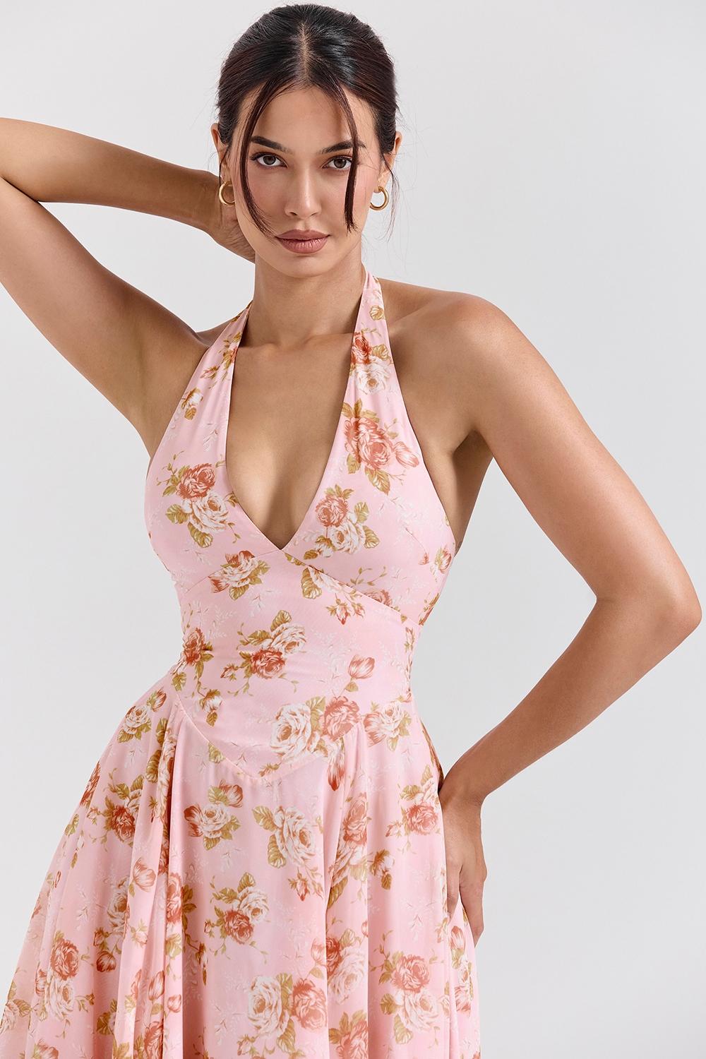 Solada  english vintage rose print georgette halter sundress Product Image