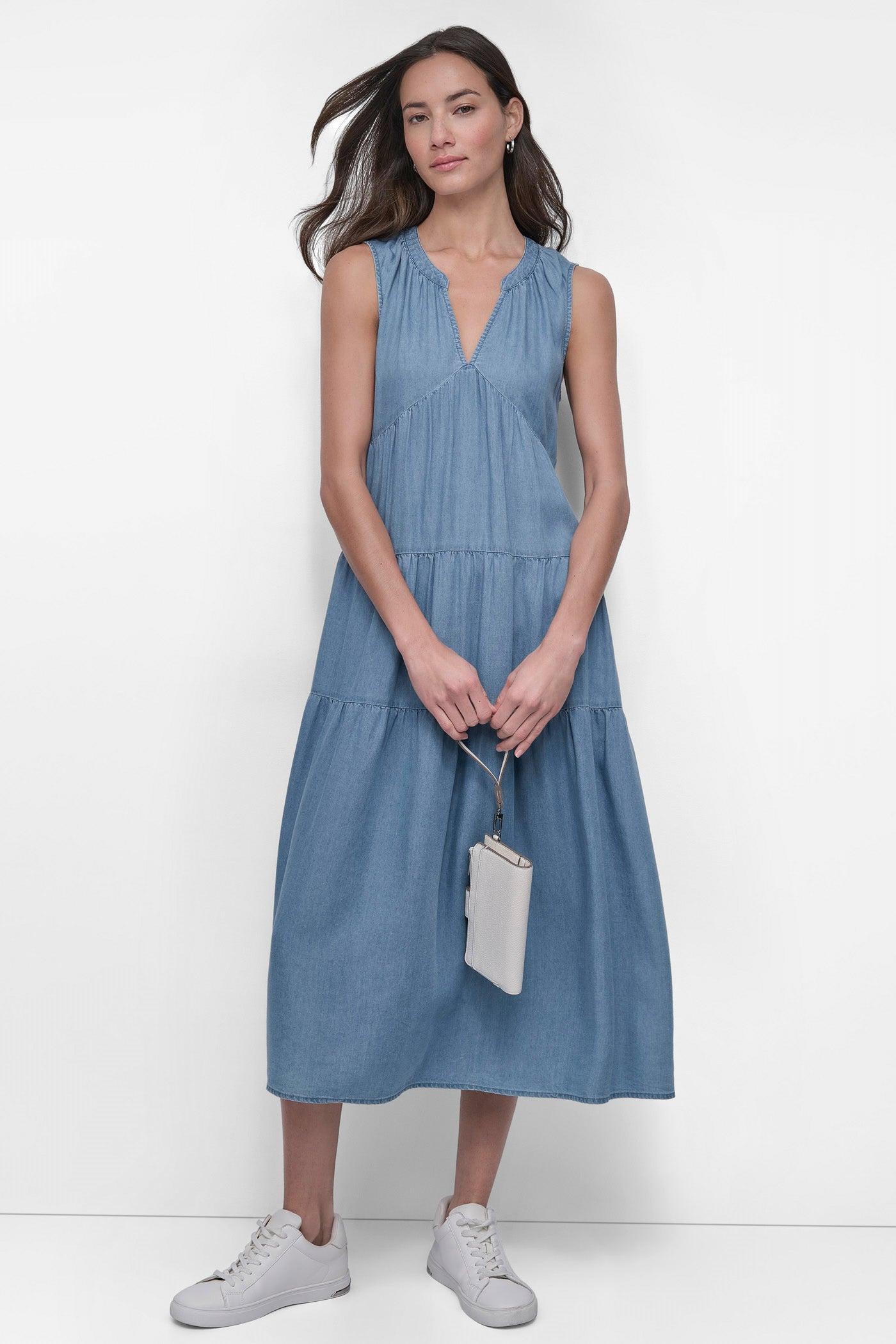 TENCEL TIERED MIDI SWING DRESS Product Image