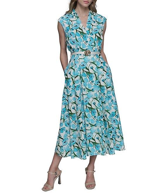 KARL LAGERFELD PARIS Linen Blend Floral Print V Neck Cap Sleeve Belted Blouson Midi Dress Product Image