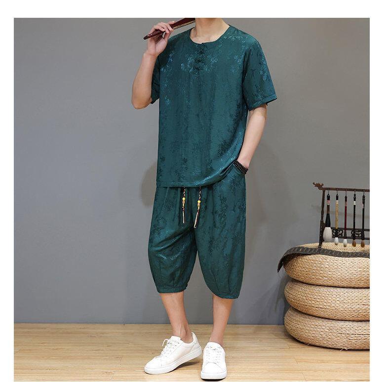 Set: Short Sleeve Round Neck Frog Closure Jacquard Top + Drawstring Waist Capri Tapered Pants Product Image