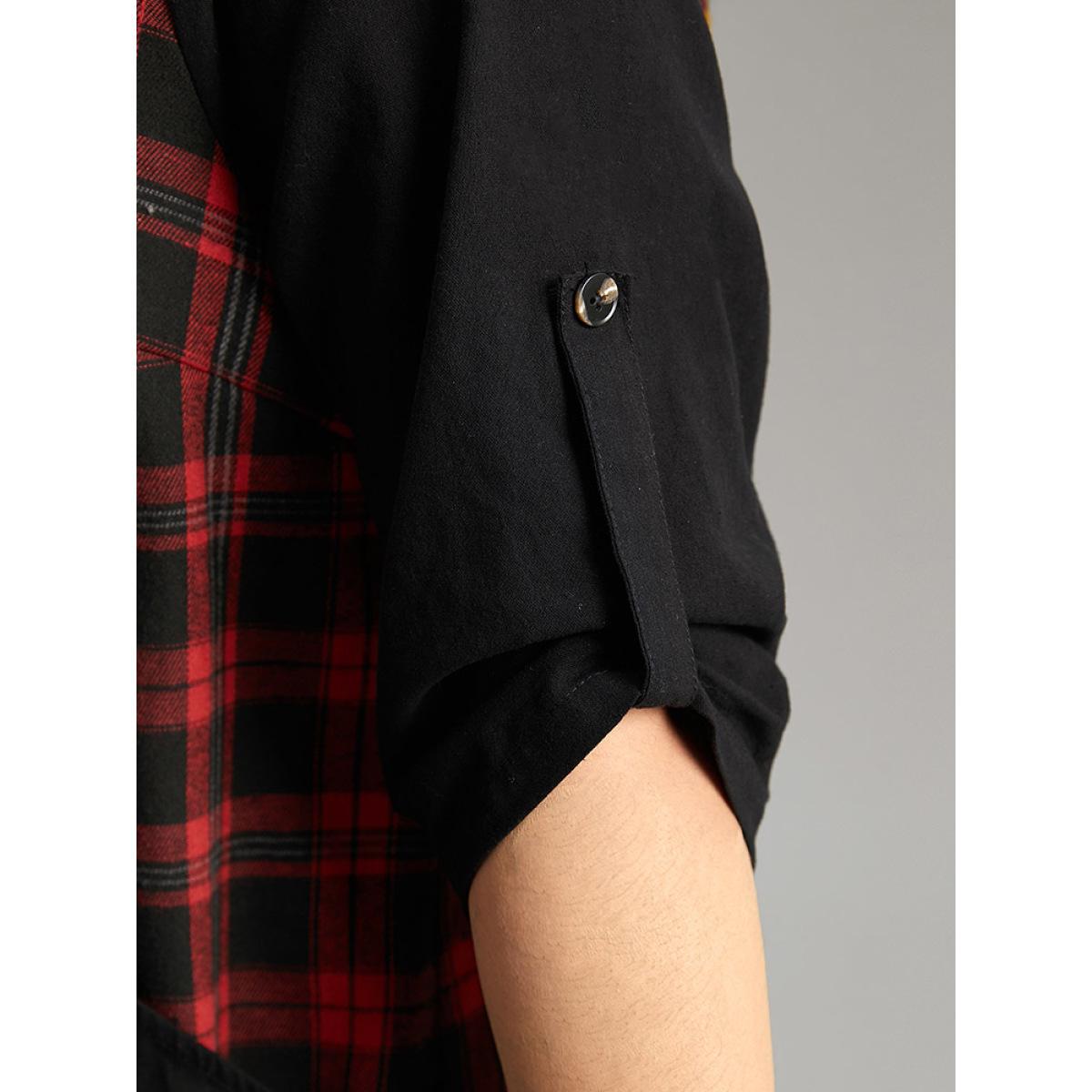 Plus Size Black Plaid Patchwork Wrap Tab Sleeve Blouse Women Casual Elbow-length sleeve V-neck Everyday Blouses BloomChic 12/L Product Image