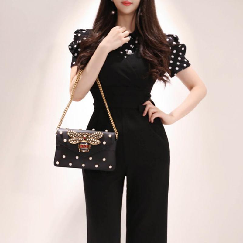 Set: Short-Sleeve Collared Dotted Button Up Blouse + V-Neck Plain Straight Leg Jumpsuit Product Image