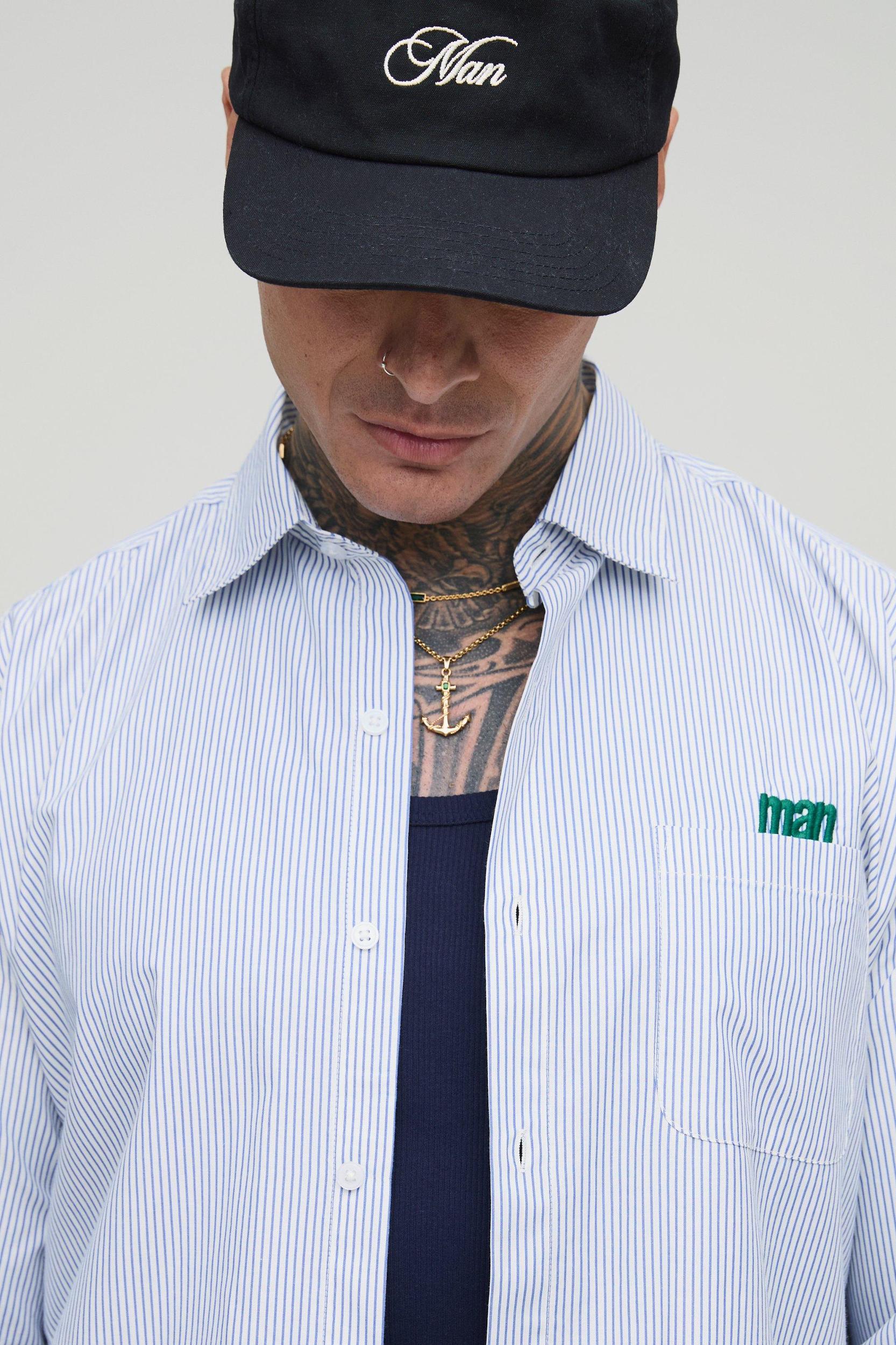 Tall Stripe Embroidered Oversized Long Sleeve Shirt | boohooMAN USA Product Image