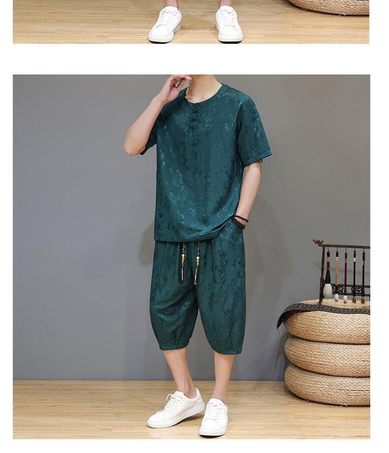Set: Short Sleeve Round Neck Frog Closure Jacquard Top + Drawstring Waist Capri Tapered Pants Product Image