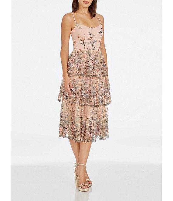 Dress the Population Loretta Floral Beaded Embroidered Sleeveless Tiered Midi Dress Product Image
