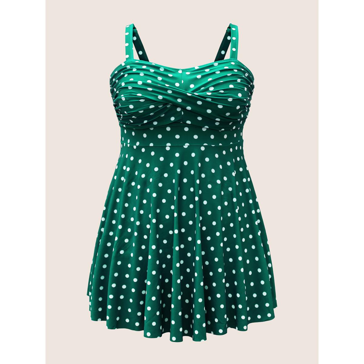 Plus Size Polka Dot Ruched Fit Flare Swim Dress Women's Swimwear Green Beach Bodycon Strapless High stretch Curve Swim Dresses BloomChic 28/5X Product Image