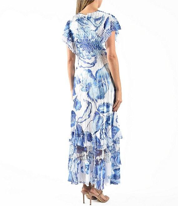 Komarov V-Neck Flutter Sleeve Printed Charmeuse Aline Maxi Dress Product Image