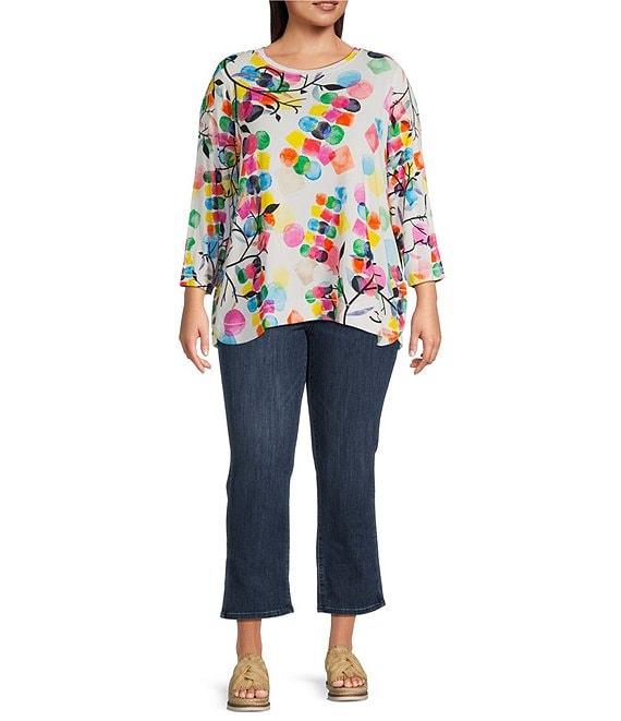 Ali Miles Plus Size Abstract Print Knit Round Neck 3/4 Sleeve Tunic Product Image