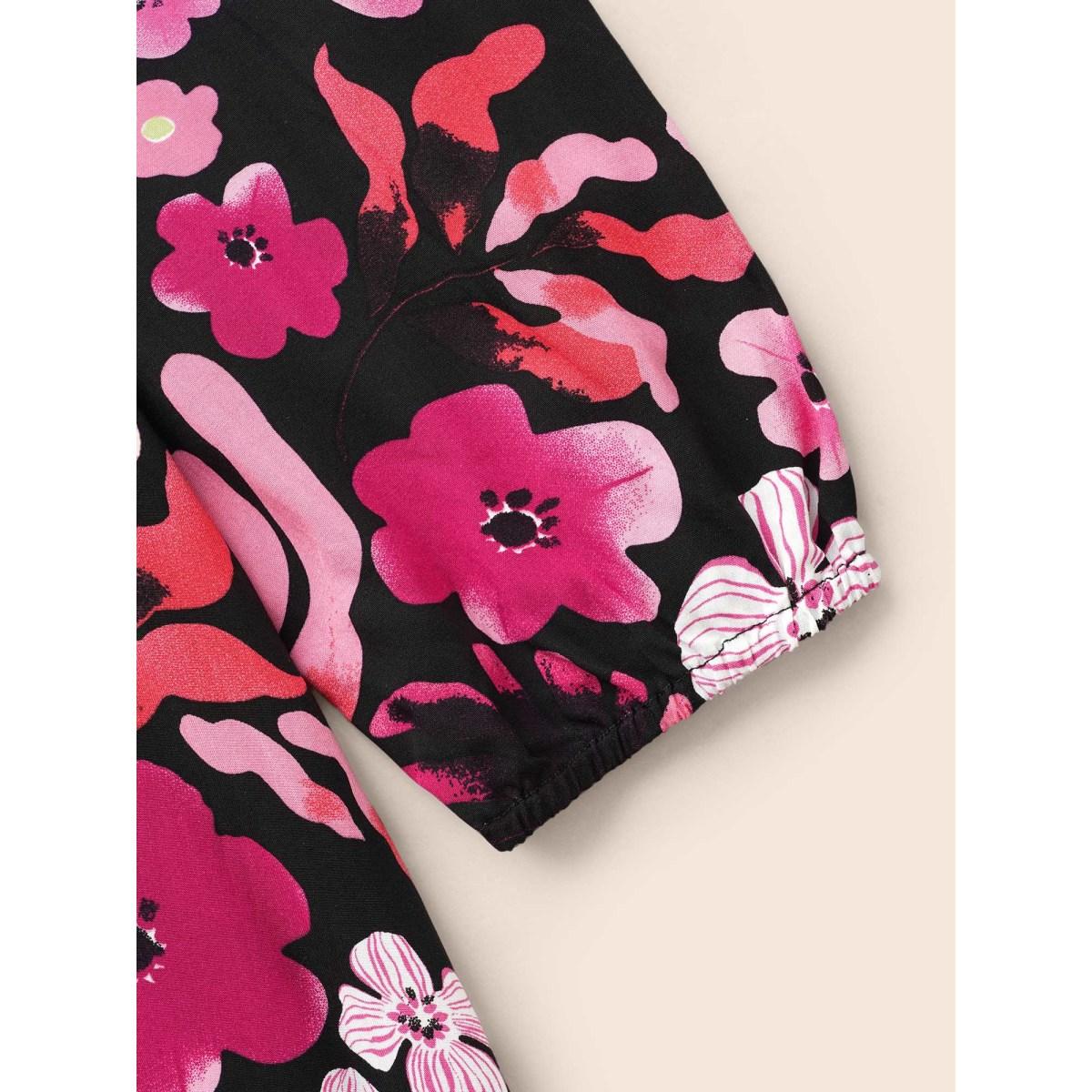 Plus Size Floral V Neck Lantern Sleeve Dress Black Women Elegant Non V-neck Long Sleeve Curvy BloomChic 14-16/1X Product Image