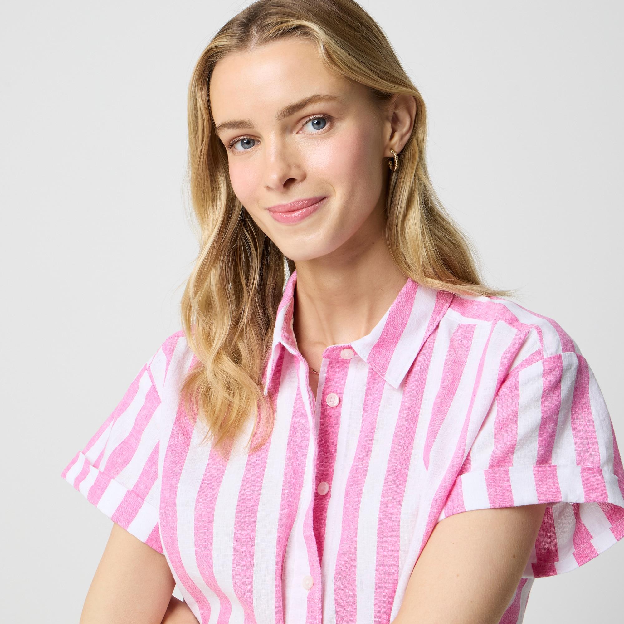 Striped short-sleeve linen-blend button-up shirt Product Image