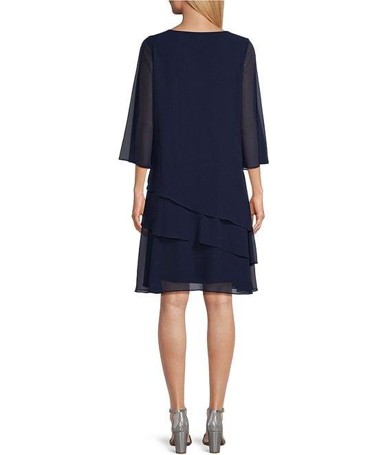 Marina Split 3/4 Sleeve Round Beaded Keyhole Neck Asymmetrical Tiered Chiffon Trapeze Dress Product Image