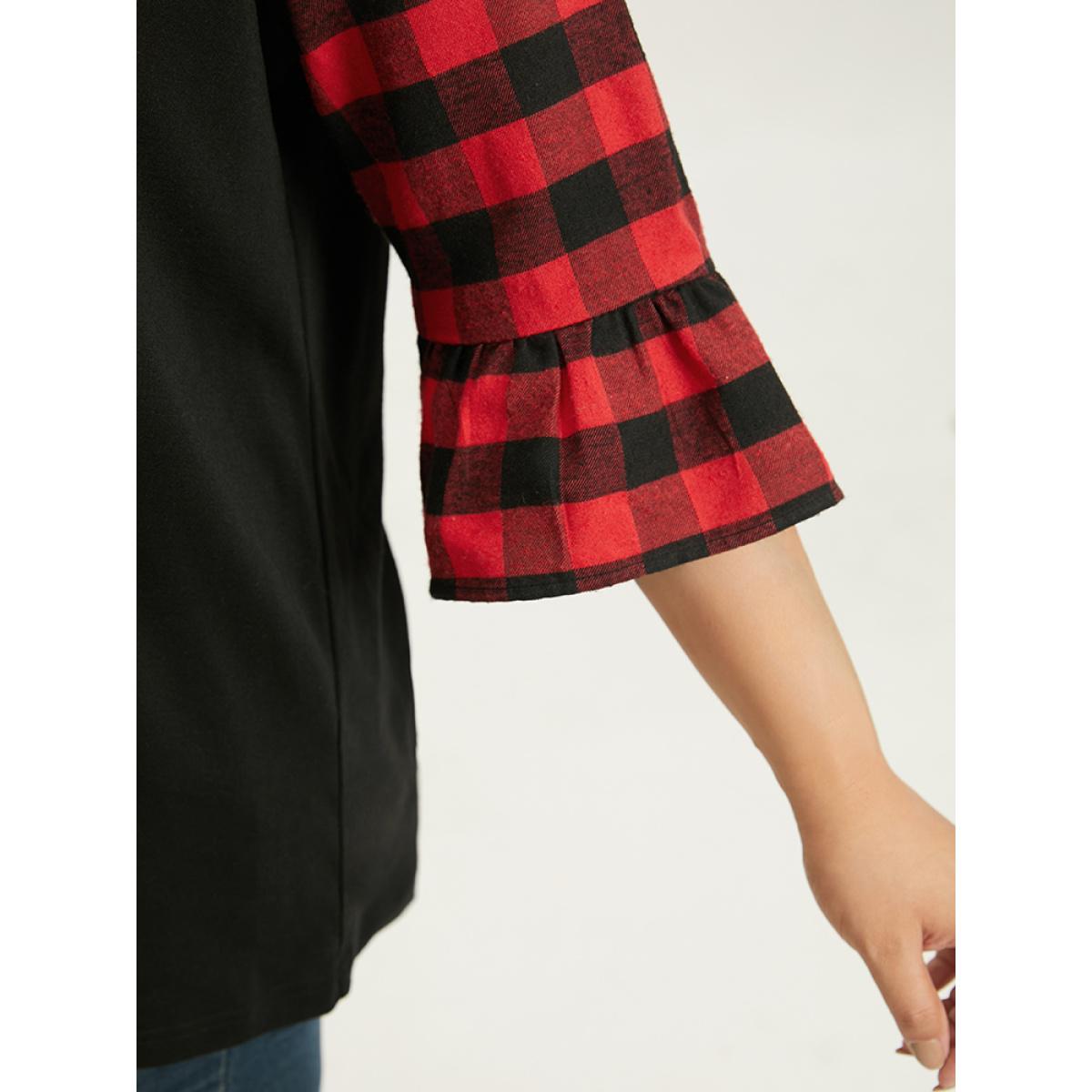 Plus Size Plaid Patched Pocket Patchwork Contrast Bell Sleeve T-shirt Black Women Casual Contrast Plaid Round Neck Dailywear T-shirts BloomChic 14-16/1X Product Image
