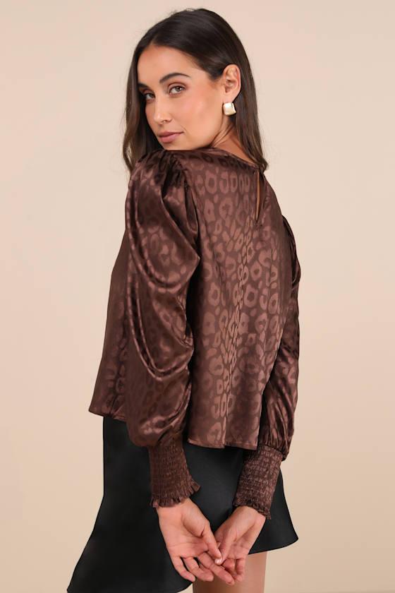 Fierce Outfit Dark Brown Satin Jacquard Long Sleeve Top Product Image