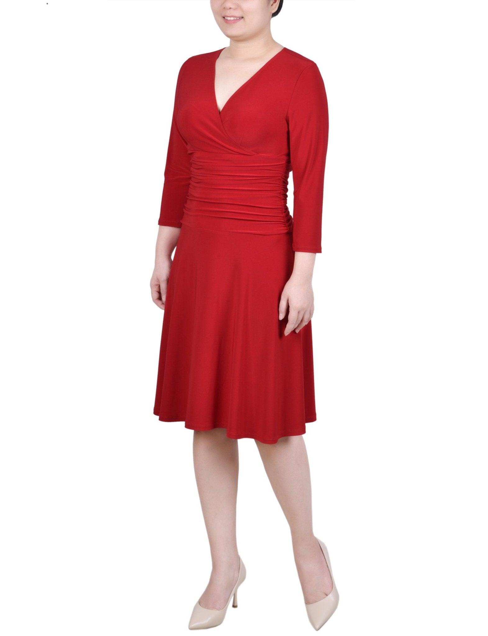Cherry Red 3/4 Sleeve Rouched-Waist Dress - Petite Product Image