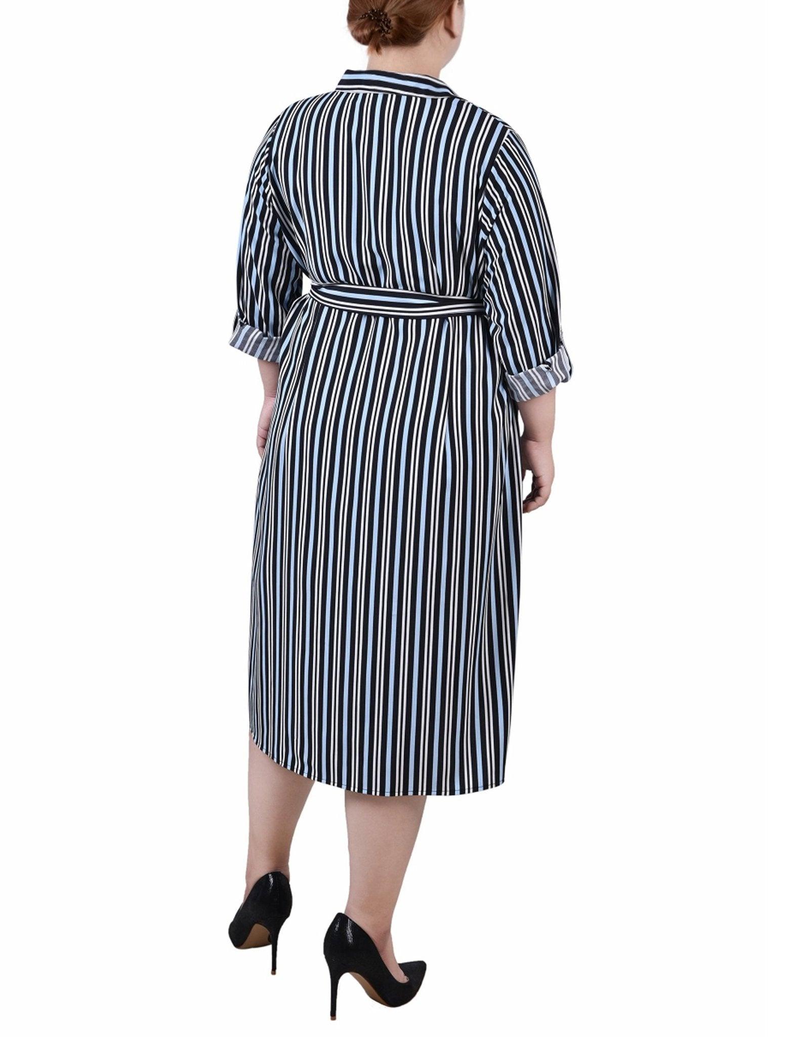 Black Blue Ivory Stripe 3/4 Roll Tab Sleeve Belted Shirtdress - Plus Product Image