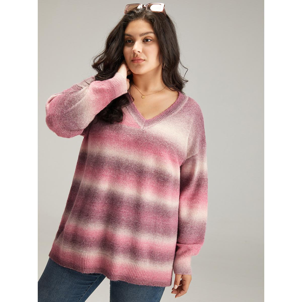 Plus Size Ombre Heather V Neck Elastic Cuffs Pullover Multicolor Women Casual Loose Long Sleeve V-neck Dailywear Pullovers BloomChic 22-24/3X Product Image