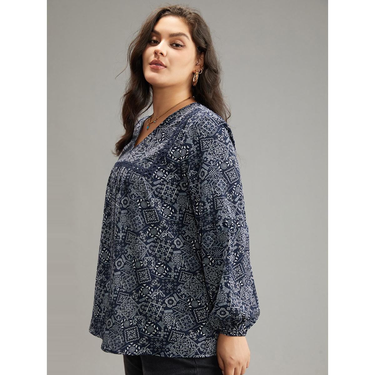 Plus Size Indigo Bandana Lace Insert Lantern Sleeve Blouse Women Resort Long Sleeve V-neck Vacation Blouses BloomChic 10/M Product Image